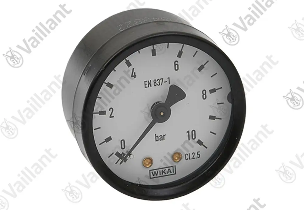 Manometer mit schwarzem Gehäuse und graduierter Skala von 0 bis 10 bar. Das Ziffernblatt ist weiß und zeigt die Marke Vaillant sowie die Norm EN 837-1 an.
